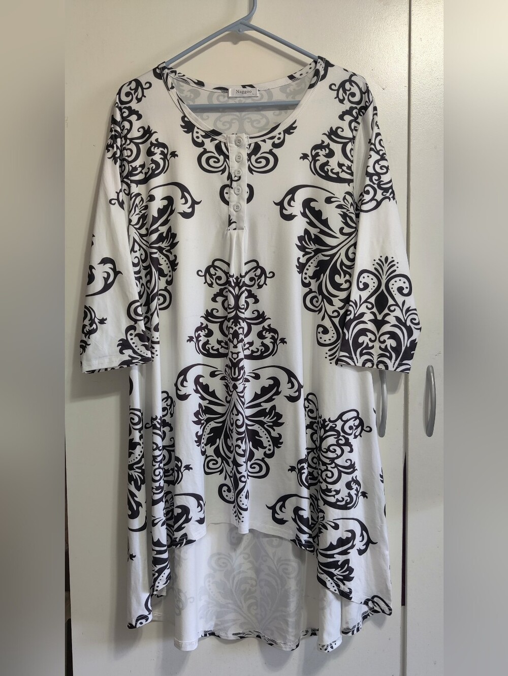 White and Black Patterned Henley Dress